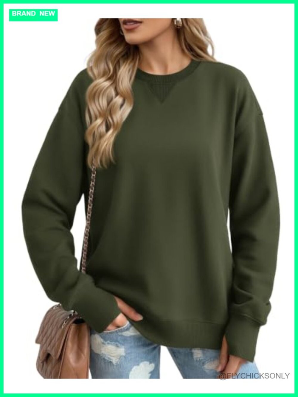 Fleece Lined Crewneck Pullover Sweatshirt Long Sleeve Thumb Holes Loose Fit
